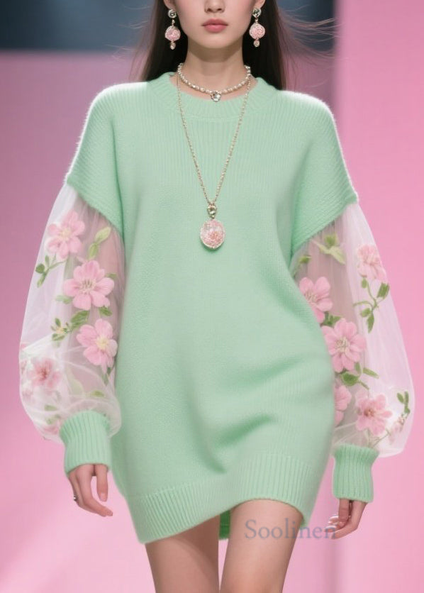 Classy Green O Neck Tulle Patchwork Knitwear Dress Fall