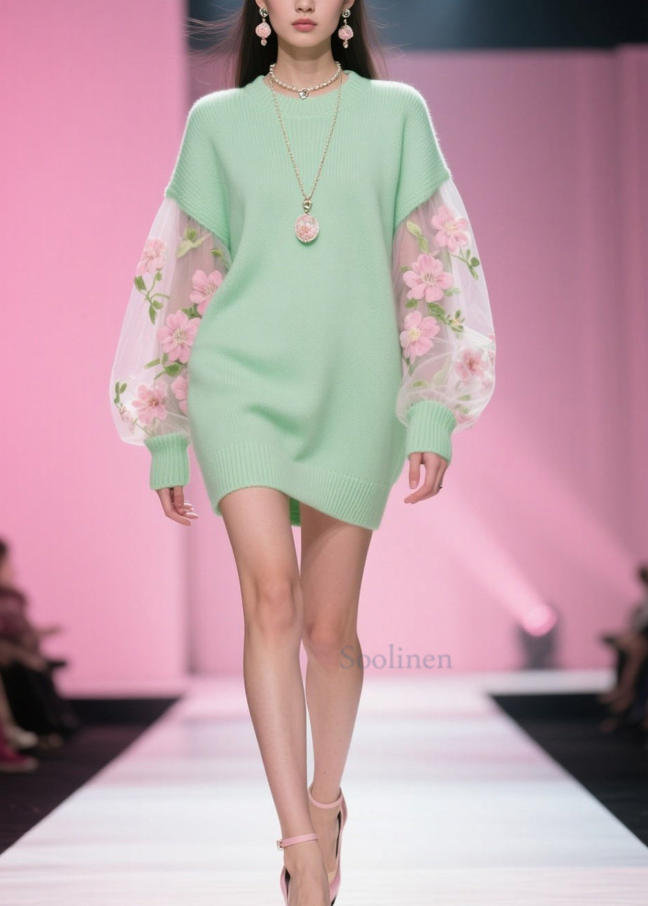 Classy Green O Neck Tulle Patchwork Knitwear Dress Fall