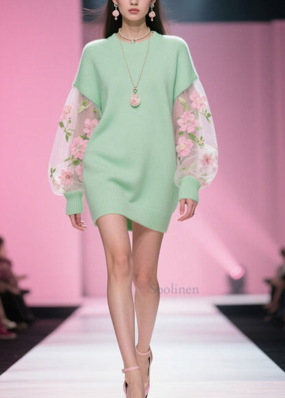 Classy Green O Neck Tulle Patchwork Knitwear Dress Fall