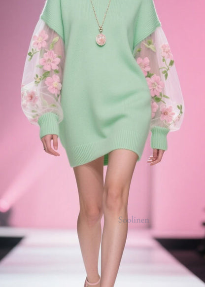 Classy Green O Neck Tulle Patchwork Knitwear Dress Fall