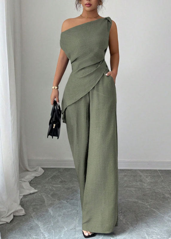 Classy Green One Shoulder Top And Wide Leg Pants Long Dresses Summer