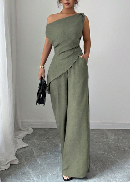 Classy Green One Shoulder Top And Wide Leg Pants Long Dresses Summer