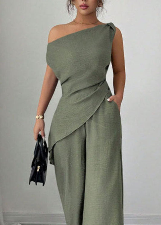 Classy Green One Shoulder Top And Wide Leg Pants Long Dresses Summer