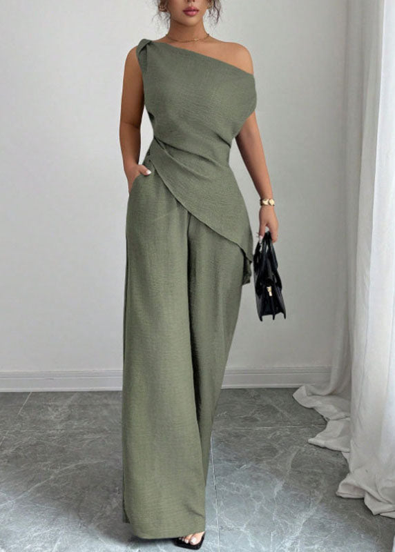 Classy Green One Shoulder Top And Wide Leg Pants Long Dresses Summer