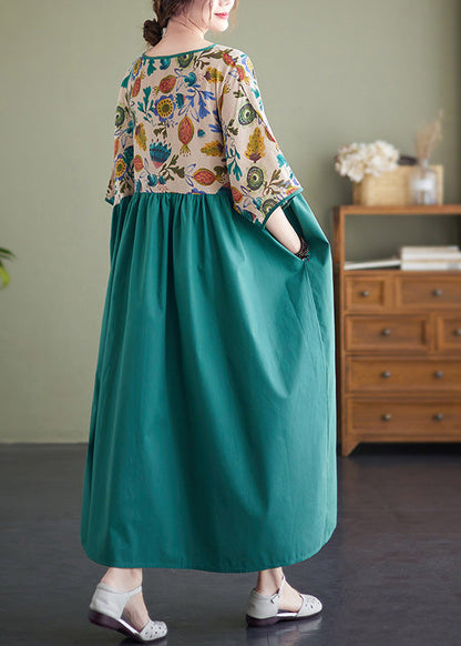 Classy Green Patchwork Wrinkled Cotton Holiday Long Dress Summer