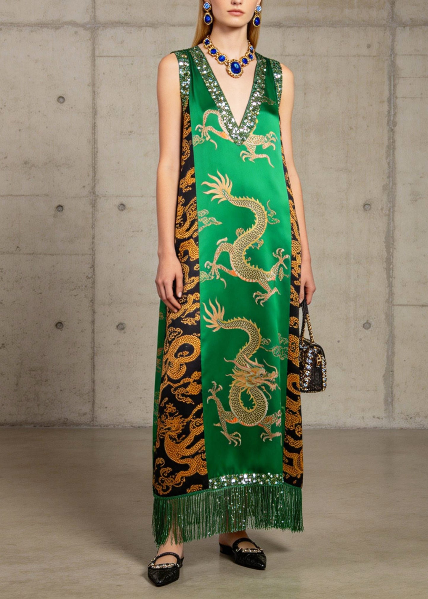 Classy Green Sequins Fringe Trim Print Silk Maxi Dresses Summer