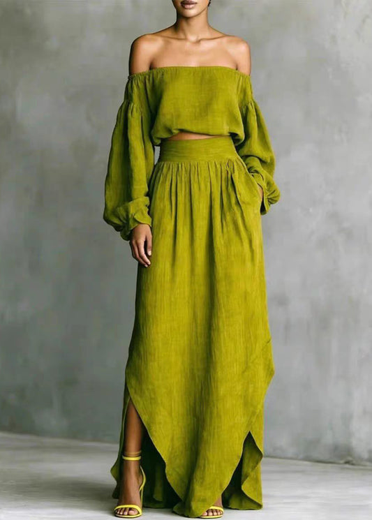Classy Green Slash Neck Asymmetrical Side Open Two Pieces Set Long Sleeve