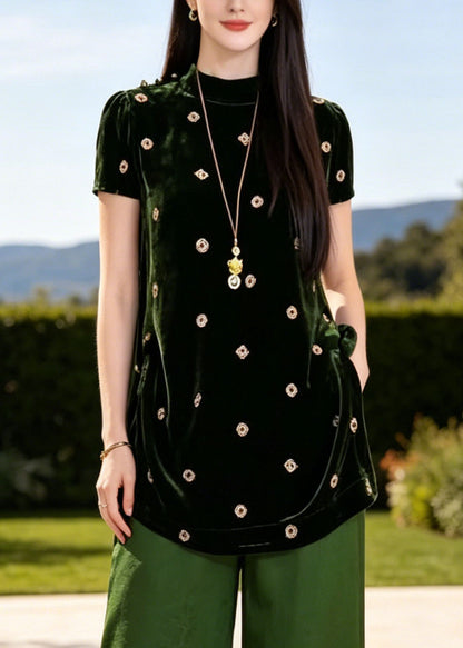 Classy Green Stand Collar Print Silk Two Piece Set Women Clothing Summer