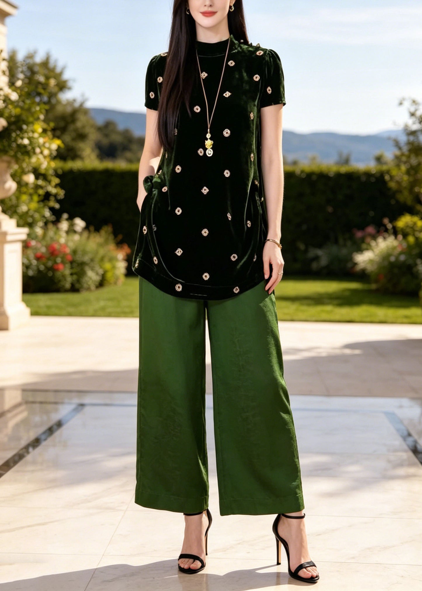 Classy Green Stand Collar Print Silk Two Piece Set Women Clothing Summer