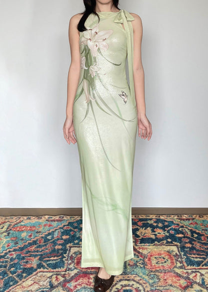 Classy Green Tie Lace Print Long Dresses Sleeveless