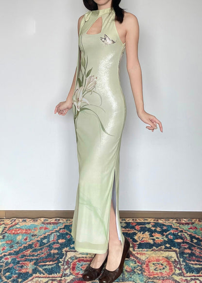 Classy Green Tie Lace Print Long Dresses Sleeveless