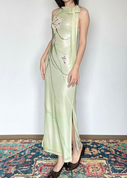 Classy Green Tie Lace Print Long Dresses Sleeveless