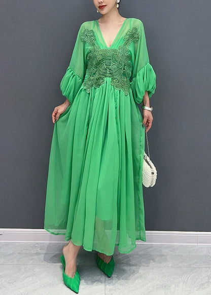 Classy Green V Neck Patchwork Chiffon Maxi Dresses Fall