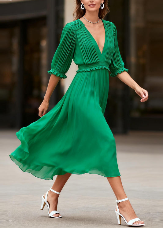 Classy Green V Neck Ruffled Patchwork Chiffon Dress Summer