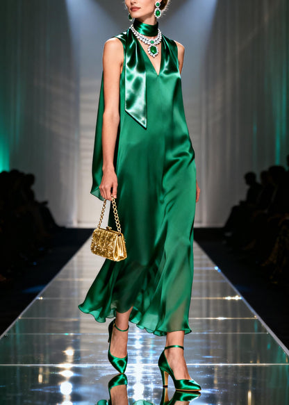 Classy Green V Neck Silk Long Dresses Sleeveless