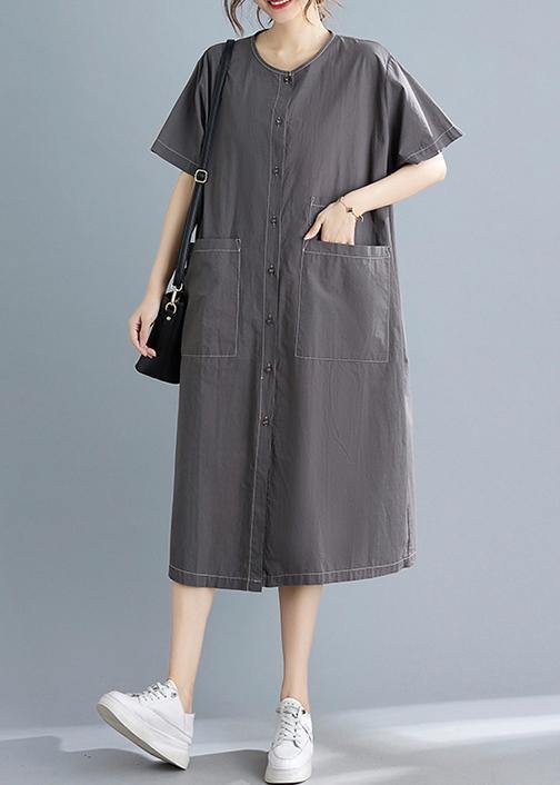 Classy Grey Button Cotton O-Neck Summer Maxi Dresses - SooLinen