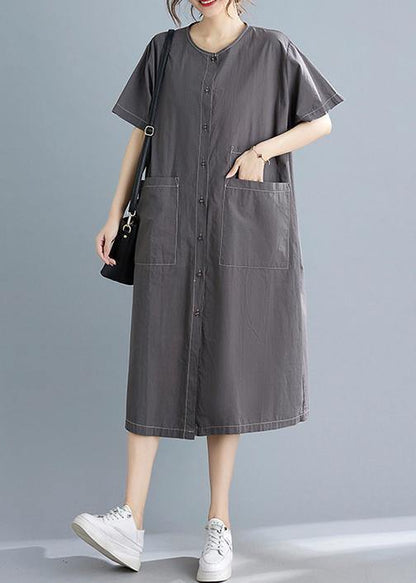 Classy Grey Button Cotton O-Neck Summer Maxi Dresses - SooLinen