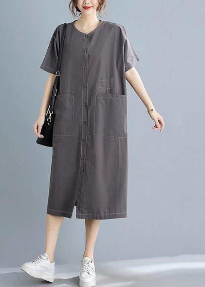 Classy Grey Button Cotton O-Neck Summer Maxi Dresses - SooLinen