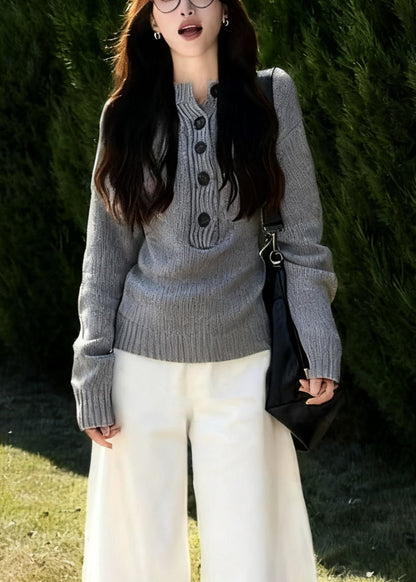 Classy Grey Button Cozy Knit Sweater Tops Fall