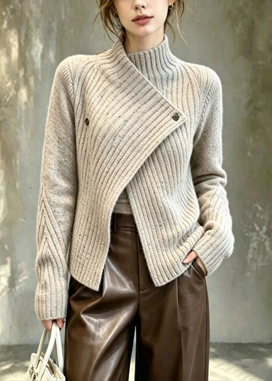 Classy Grey Camel Speckled Asymmetrical Knit Cardigan Fall