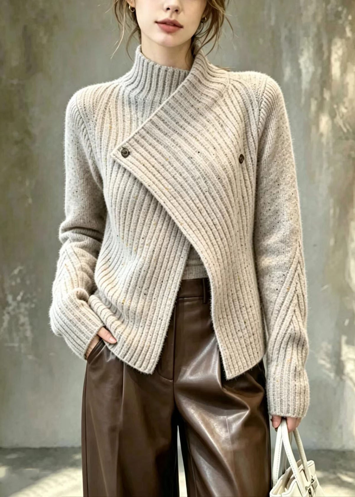 Classy Grey Camel Speckled Asymmetrical Knit Cardigan Fall