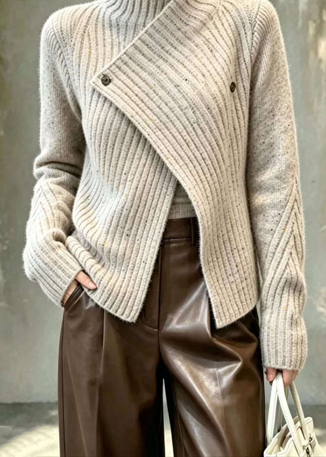 Classy Grey Camel Speckled Asymmetrical Knit Cardigan Fall