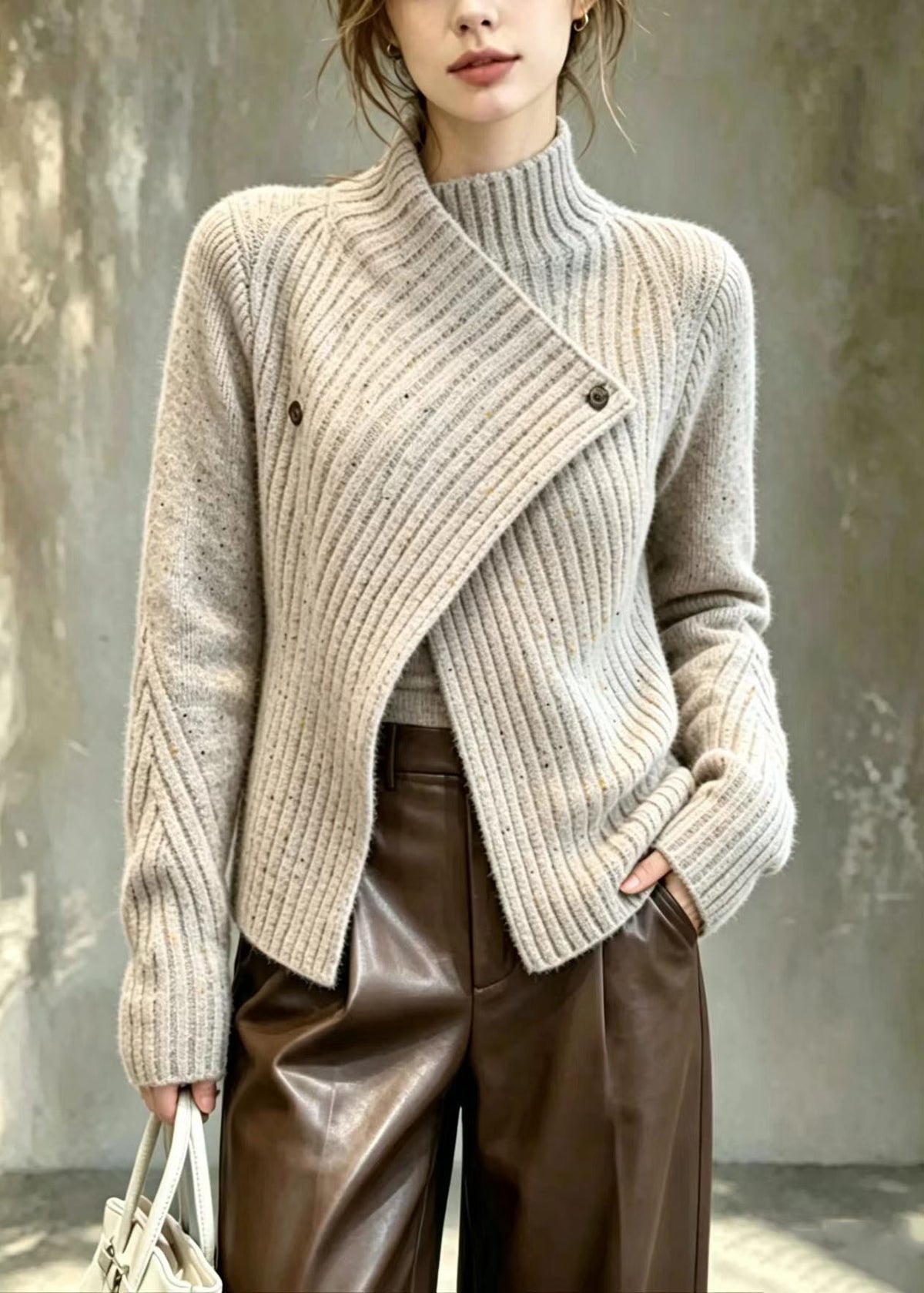 Classy Grey Camel Speckled Asymmetrical Knit Cardigan Fall