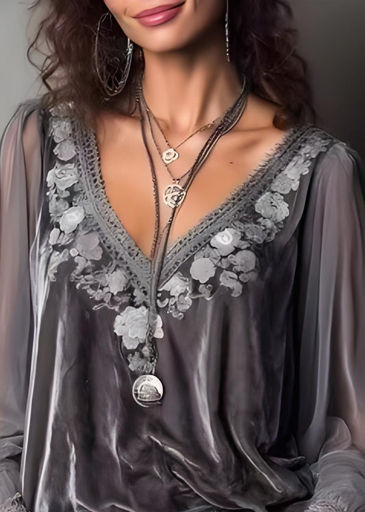 Classy Grey Embroidered Patchwork Velour Top Spring