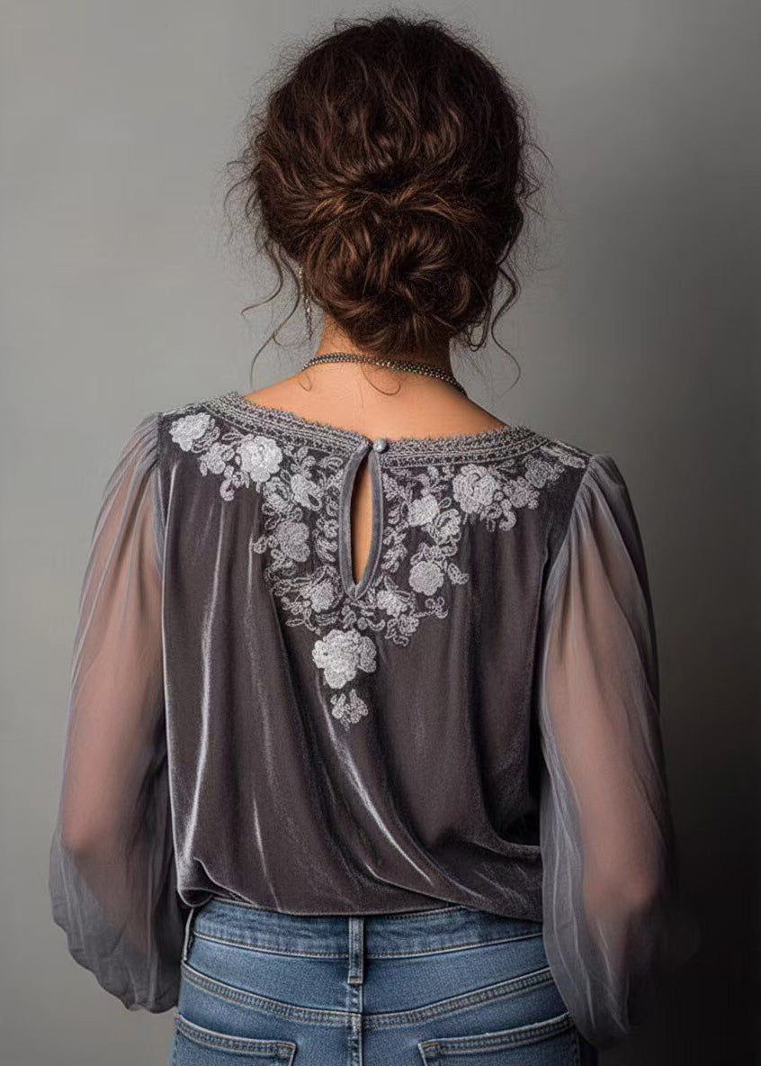 Classy Grey Embroidered Patchwork Velour Top Spring