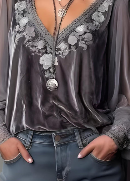 Classy Grey Embroidered Patchwork Velour Top Spring