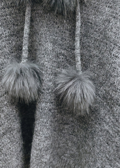 Classy Grey Fuzzy Ball Decorated Thick Hooded Cotton Knit Sweaters Winter