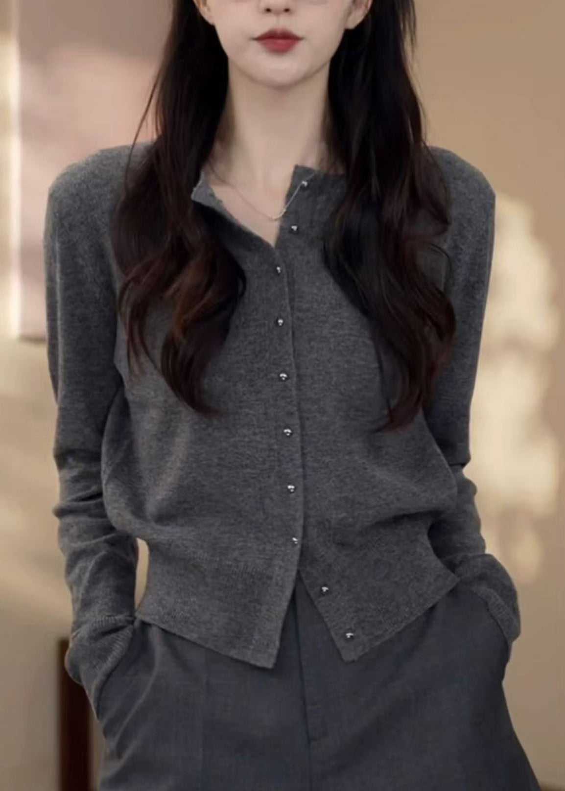 Classy Grey O Neck Button Knit Cardigans Fall