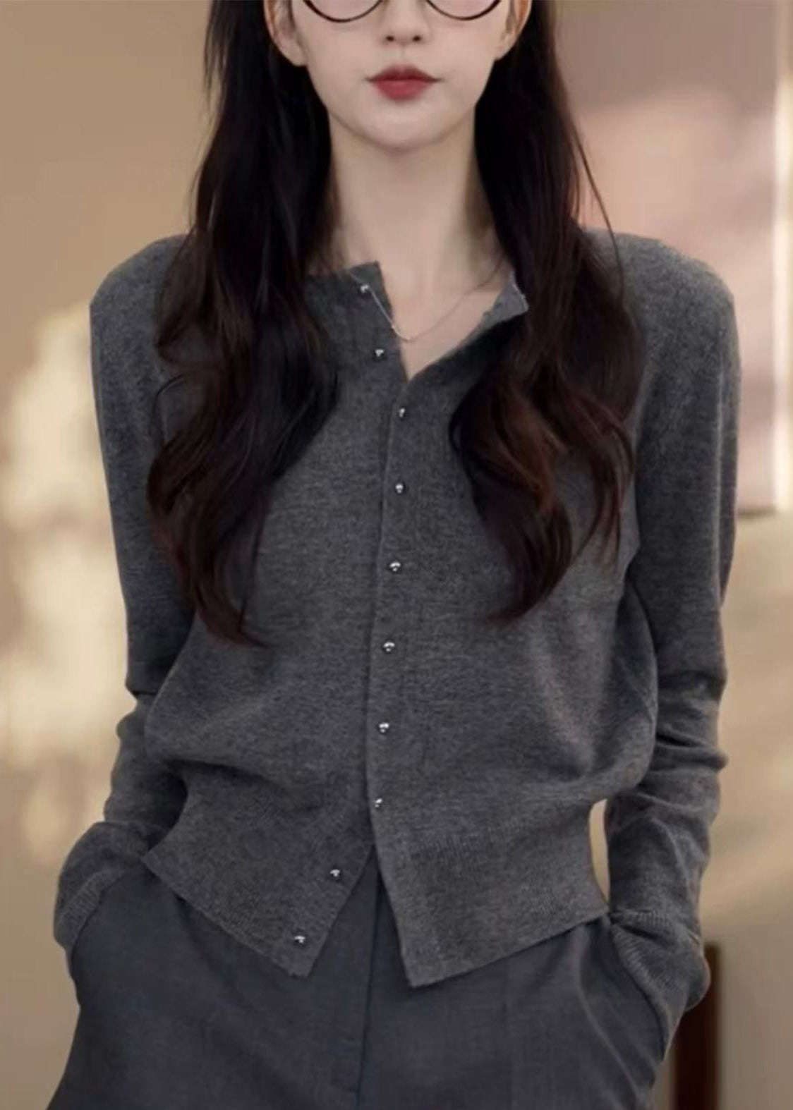 Classy Grey O Neck Button Knit Cardigans Fall