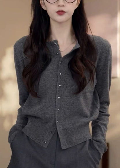 Classy Grey O Neck Button Knit Cardigans Fall