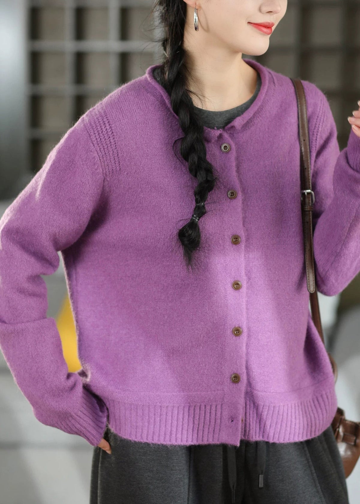 Classy Grey O-Neck Button Patchwork Knit Cardigans Fall