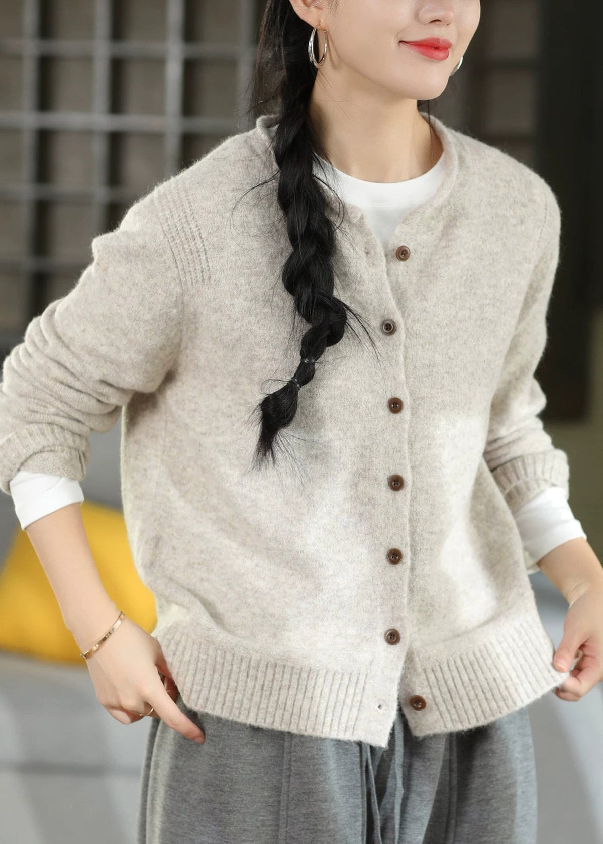Classy Grey O-Neck Button Patchwork Knit Cardigans Fall