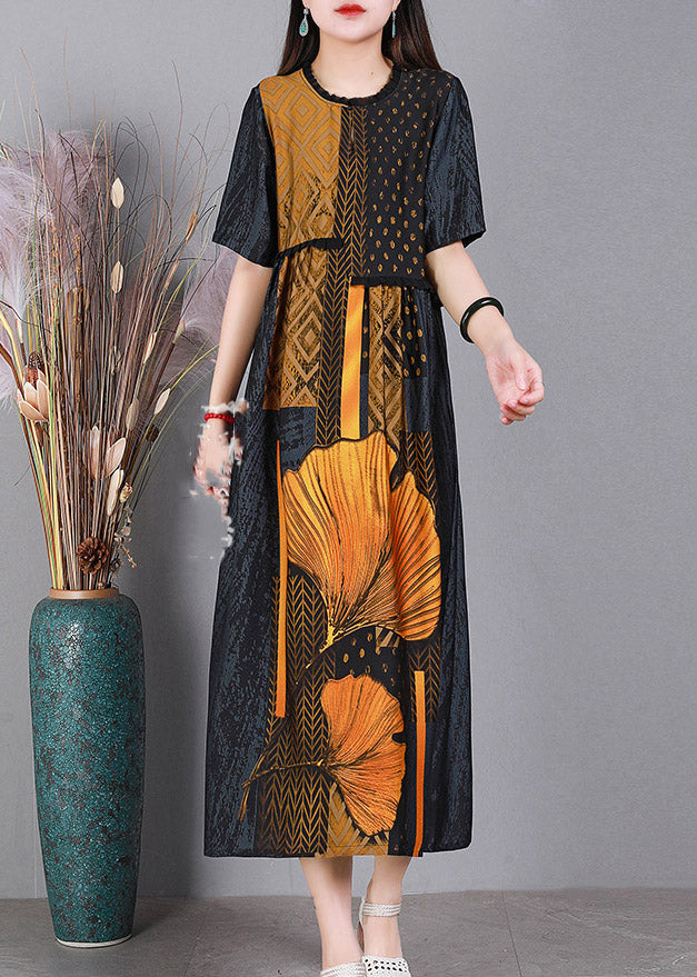 Classy Grey O-Neck Print Silk Party Dress Short Sleeve