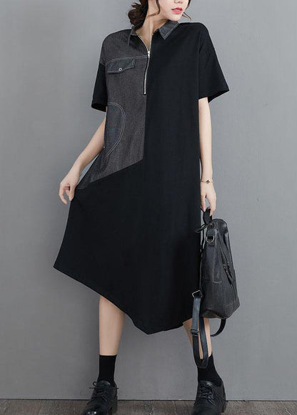 Classy Grey Patchwork Peter Pan Collar Pockets Long Summer Cotton Dress - SooLinen