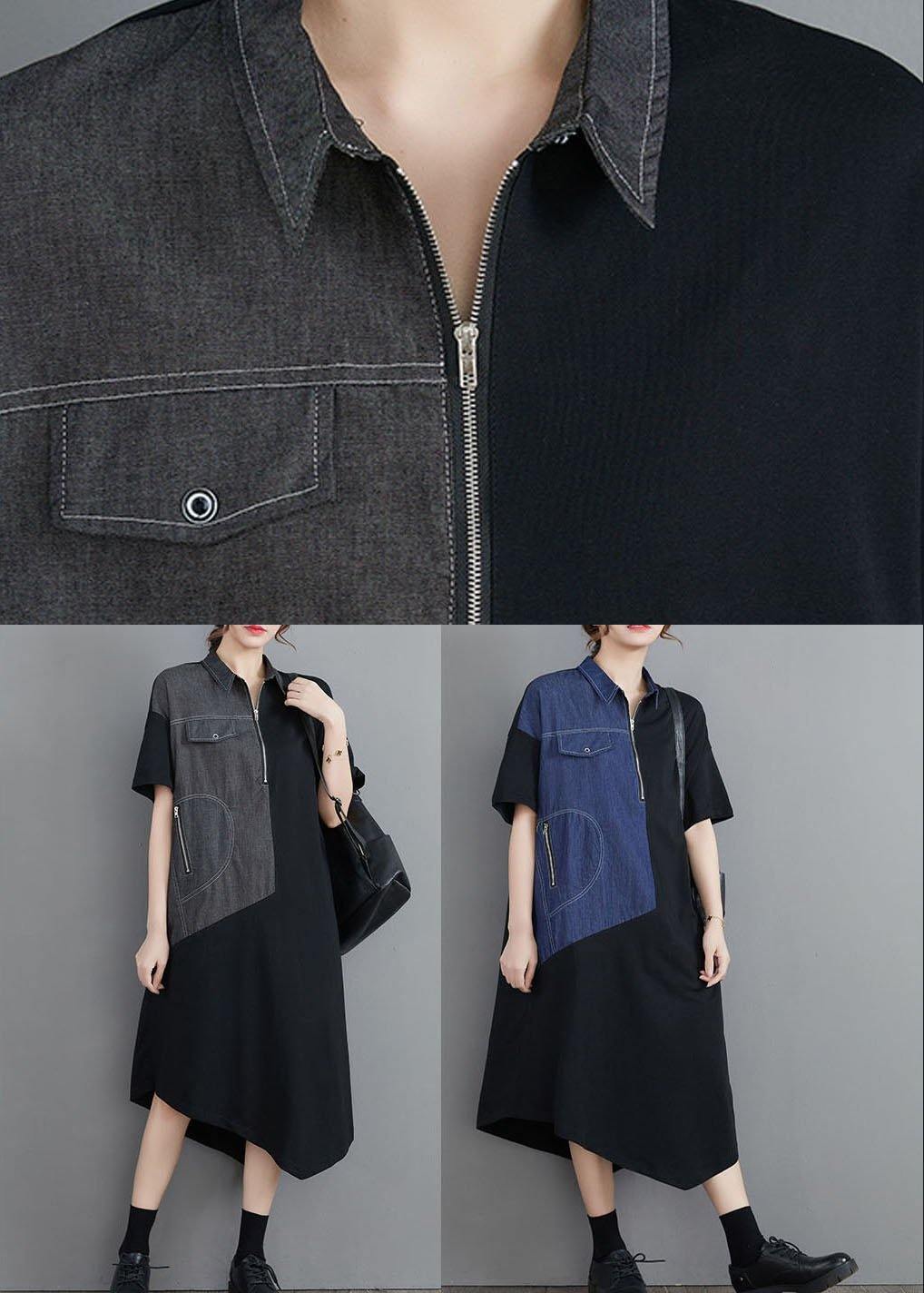 Classy Grey Patchwork Peter Pan Collar Pockets Long Summer Cotton Dress - SooLinen