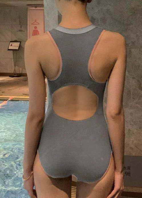 Classy Grey Patchwork Zippered Swimwear Bodysuit