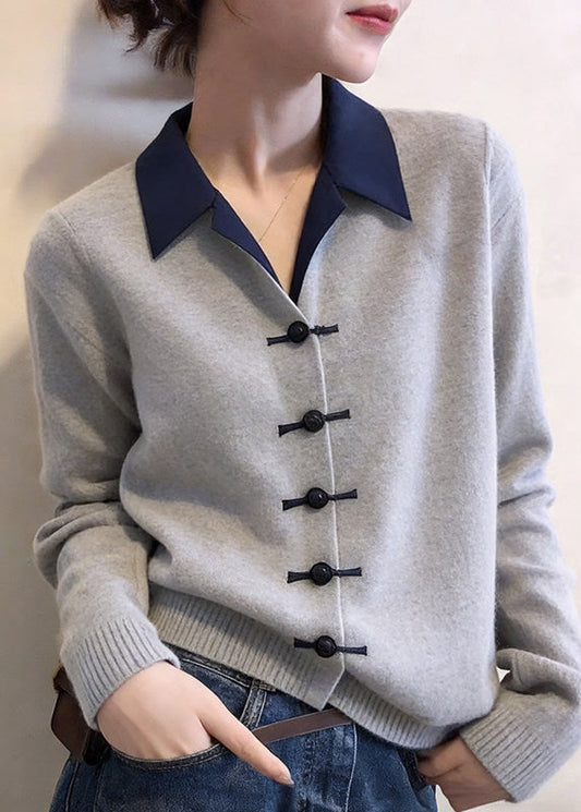 Classy Grey Peter Pan Collar Patchwork Button Cotton Knit Cardigans Spring
