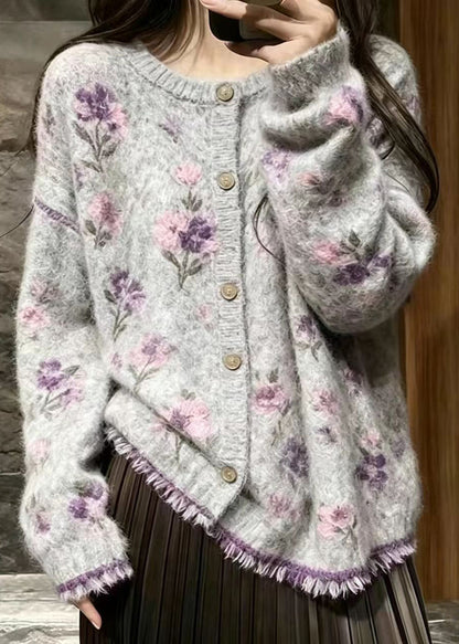 Classy Grey Stereoscopic Floral Mink Hair Knitted Cardigan Fall