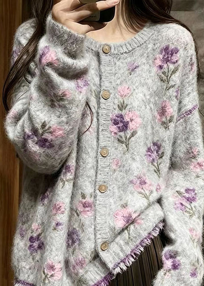 Classy Grey Stereoscopic Floral Mink Hair Knitted Cardigan Fall