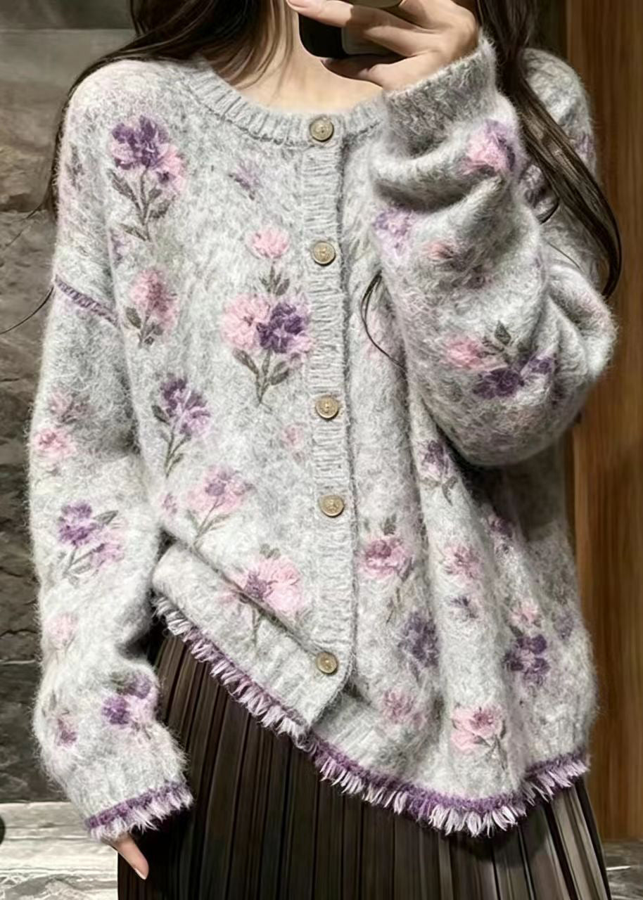 Classy Grey Stereoscopic Floral Mink Hair Knitted Cardigan Fall