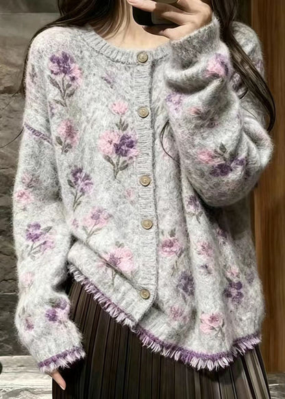 Classy Grey Stereoscopic Floral Mink Hair Knitted Cardigan Fall