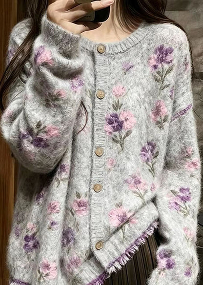 Classy Grey Stereoscopic Floral Mink Hair Knitted Cardigan Fall