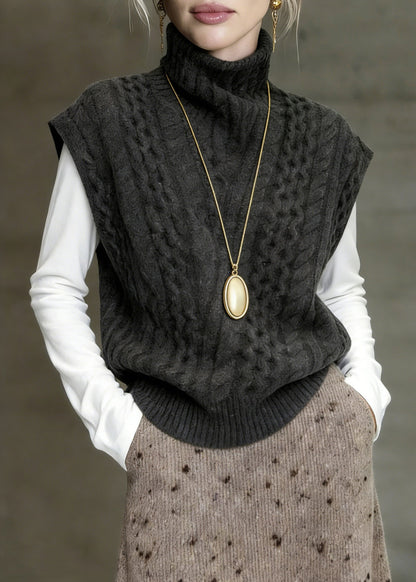 Classy Grey Turtleneck Cable Knit Vest Sleeveless