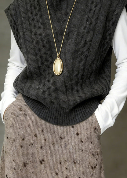 Classy Grey Turtleneck Cable Knit Vest Sleeveless