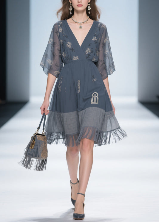 Classy Grey V Neck Tassel Patchwork Cotton Dress Summer