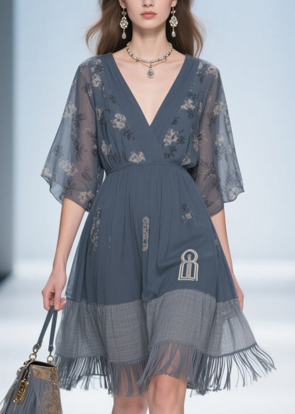 Classy Grey V Neck Tassel Patchwork Cotton Dress Summer
